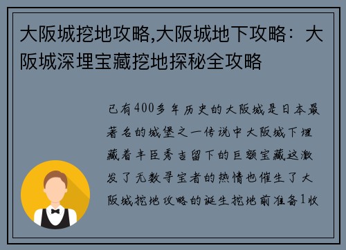 大阪城挖地攻略,大阪城地下攻略：大阪城深埋宝藏挖地探秘全攻略