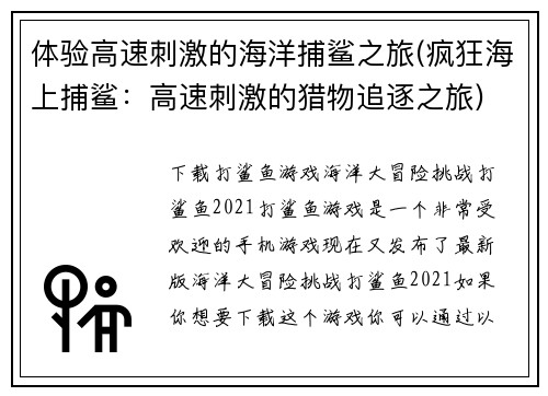 体验高速刺激的海洋捕鲨之旅(疯狂海上捕鲨：高速刺激的猎物追逐之旅)