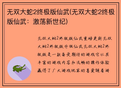 无双大蛇2终极版仙武(无双大蛇2终极版仙武：激荡新世纪)